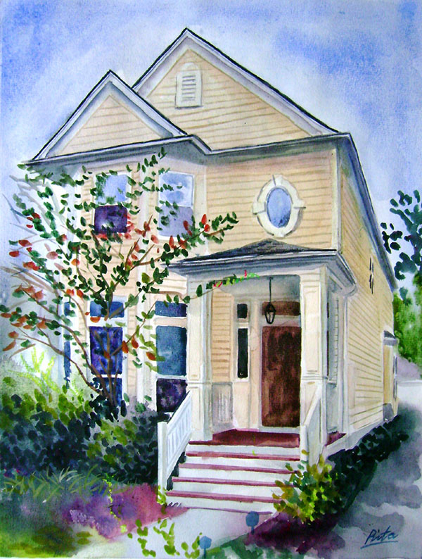 custom watercolor painting of small yellow house