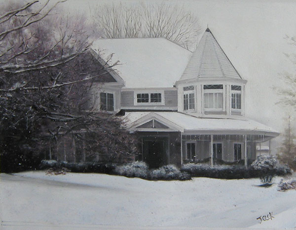 oil portrait of house - black and white