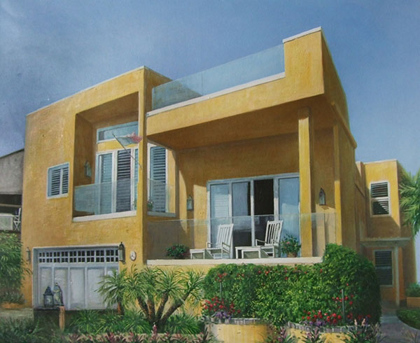 Custom oil painting of a modern yellow house