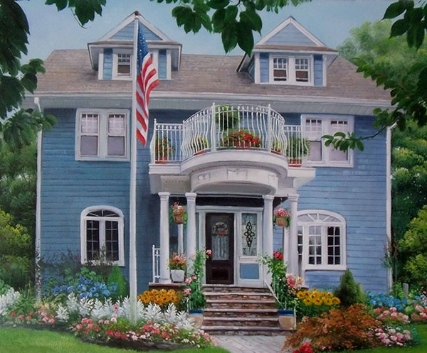 Handmade oil painting of a blue trim house