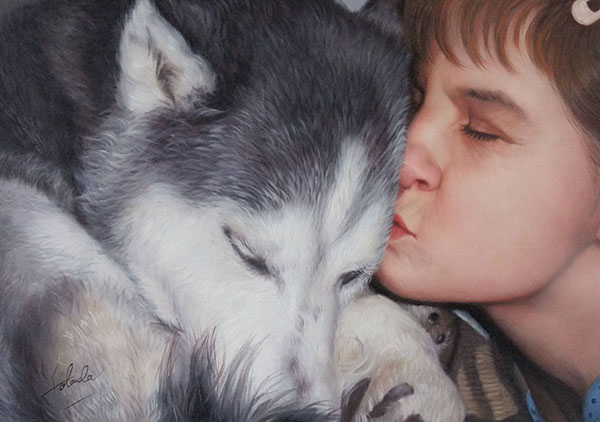 convert photo to painting woman kissing big dog