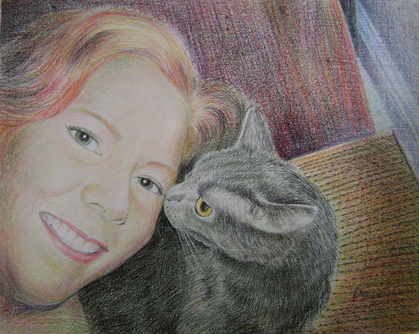 woman and cat pencil portrait