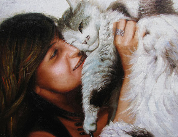 Custom oil painting of owner hugging her cat