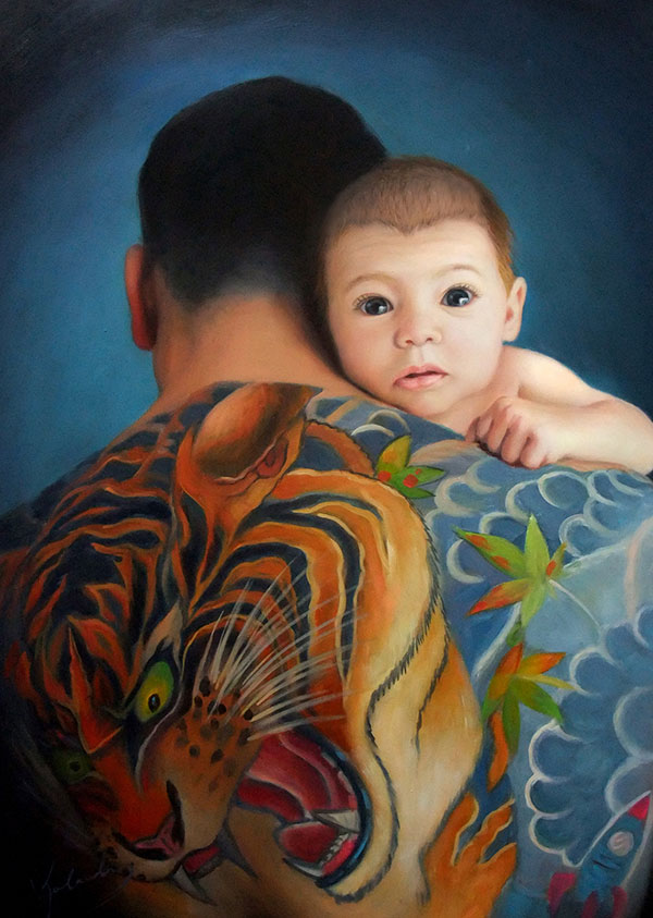 an oil painting of father with tiger tattoo and his son