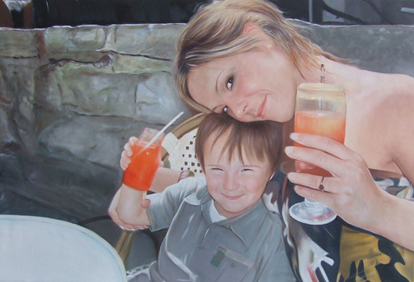 a custom oil paintng of mother and her boy