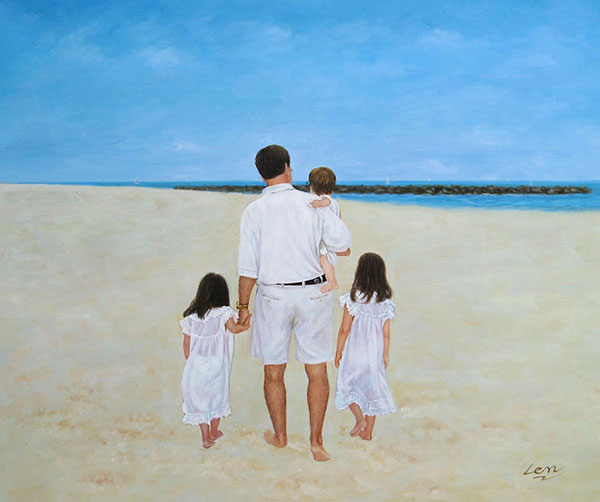 a custom oil painting of family in whites at the beach