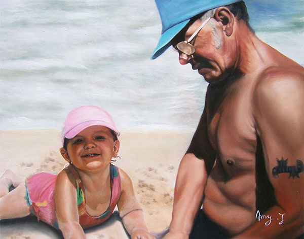 a custom oil painting of grandfather and kid playing in sand