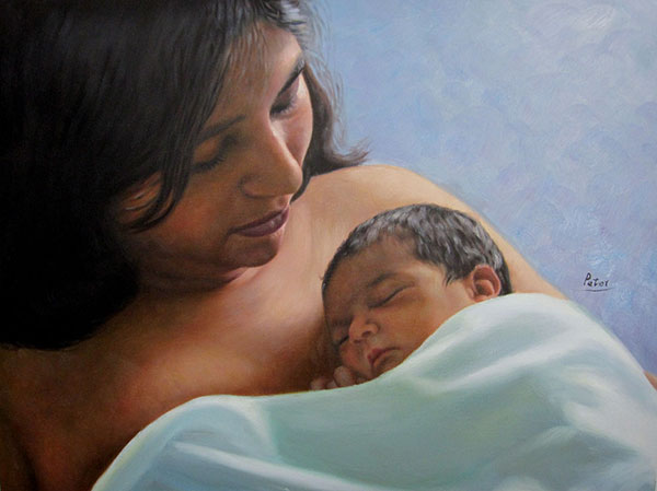 a custom oil painting of mother holding her child