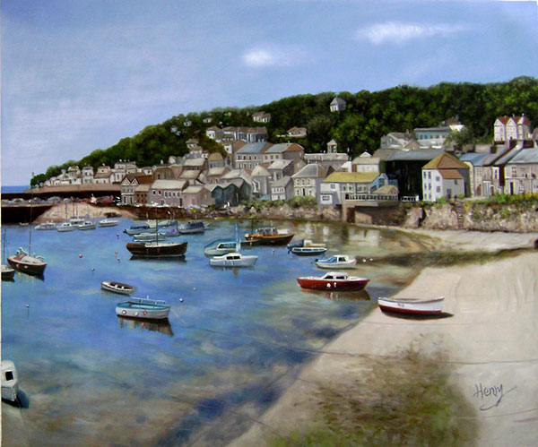 handmade oil painting of boats in bay