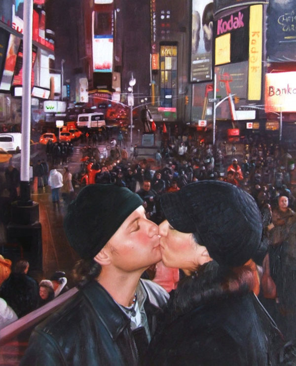 custom oil painting of couples New Years kiss