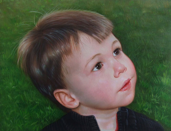 an oil painting of a little boy in the park