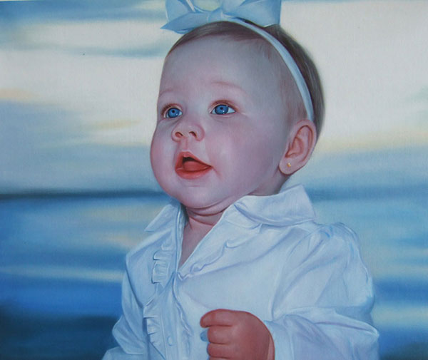 a custom oil portrait of a toddler with blue eyes