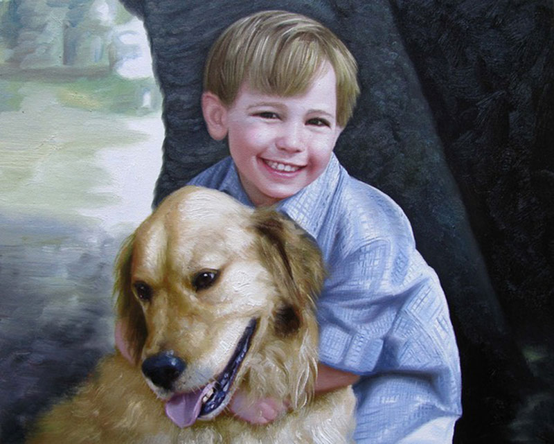 Handmade oil painting of a child hugging retriever