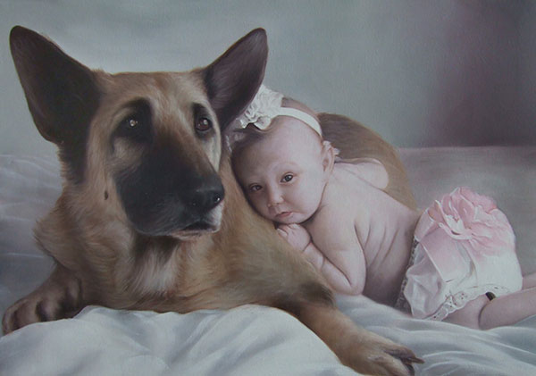 custom oil painting from photo - baby and pet portrait