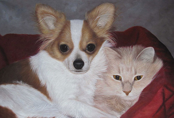 Custom oil handmade painting of a cat and dog