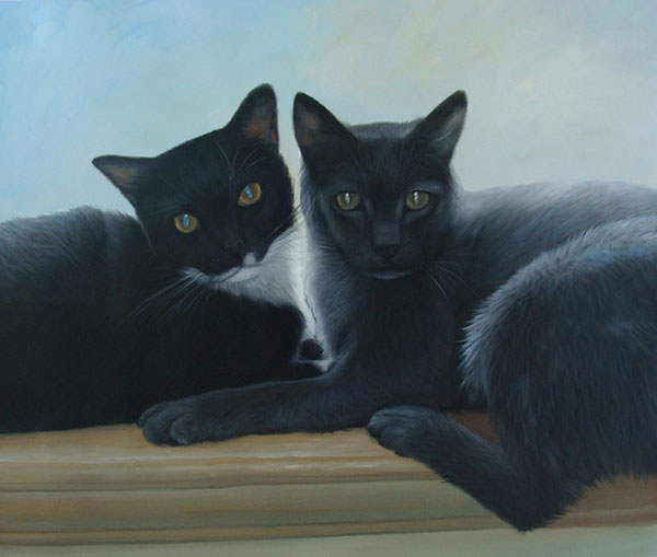 Custom oil handmade painting of two black cats