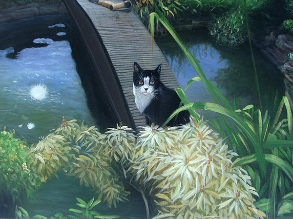 pet painting of cat outdoors by the lake