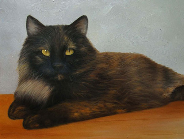 photo to painting black cat laying on wooden floor
