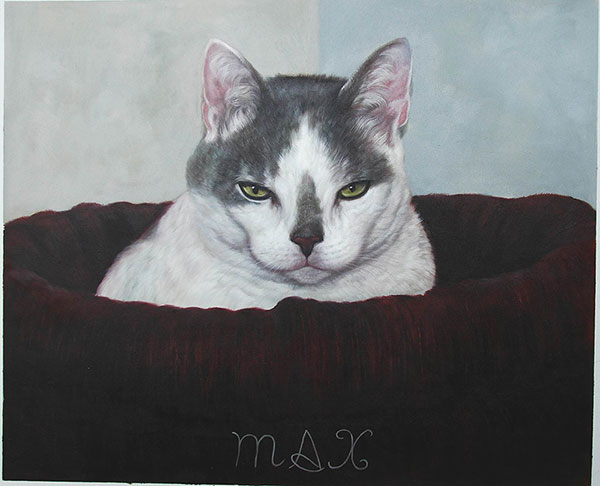 custom oil painting of cat sleeping in bed