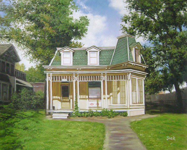Handmade oil painting of an yellow green trim house