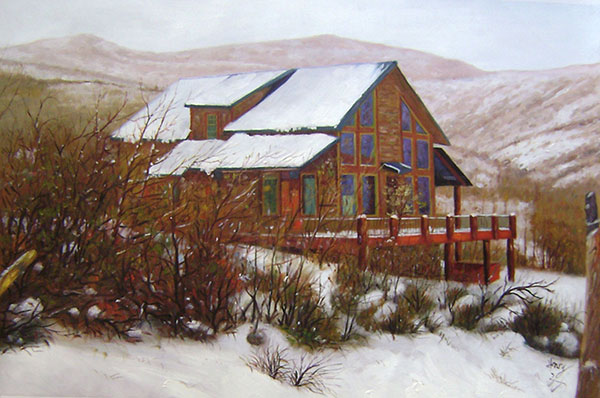 Handmade oil painting of a big wooden house in winter