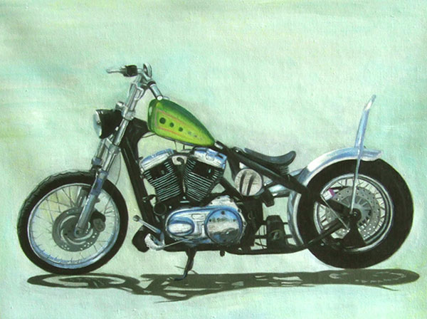 Custom oil handmade painting of a green gas tank bike
