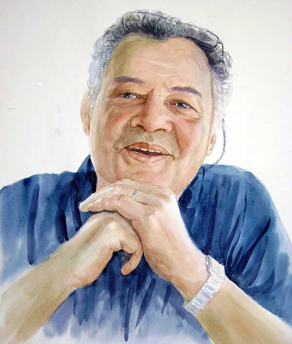 custom watercolor painting of man smiling with blue eyes