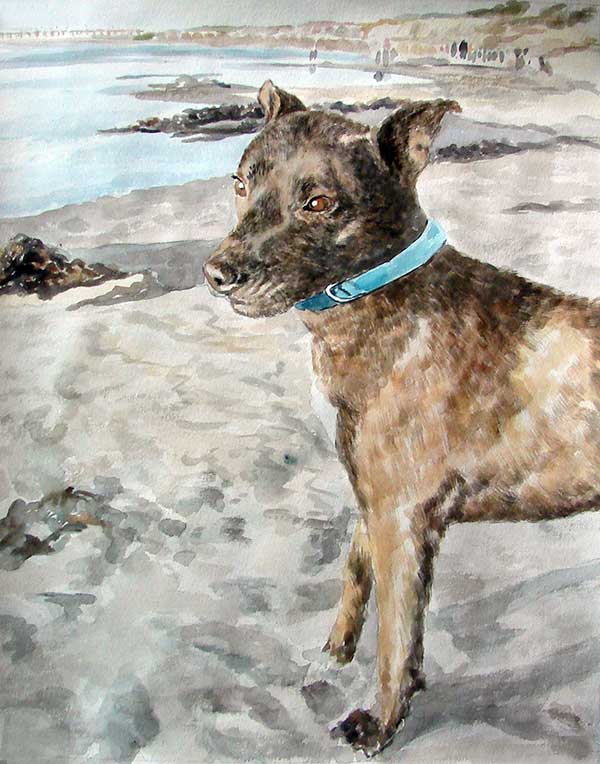 custom watercolor painting of dog playing in the sand by sea