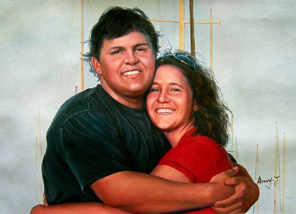 oil painting of couple smiling and hugging local artist