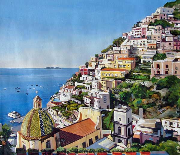 oil painting of a town by the sea