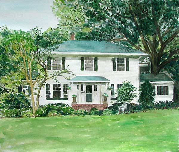 custom watercolor painting of a house covered in greenery