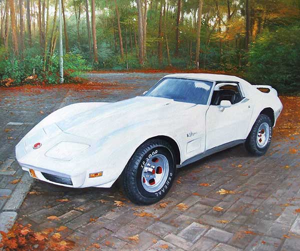 Custom oil handmade painting a white car