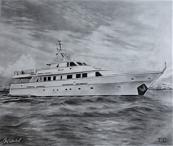 custom pencil drawing of a yacht on the ocean