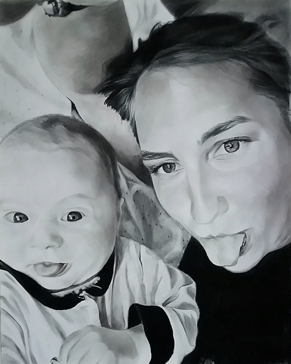 photo to realistic charcoal drawing of mom and baby