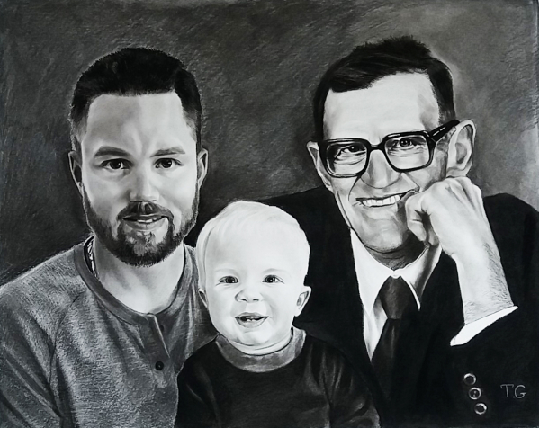 Beautiful charcoal painting of the two adults and a baby