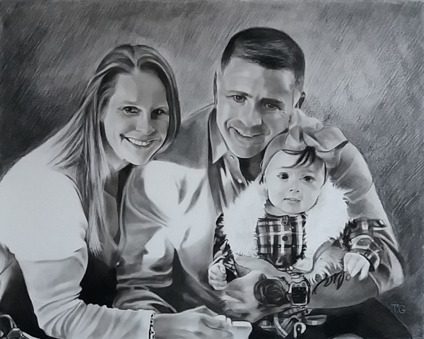 Beautiful charcoal painting of a couple with child