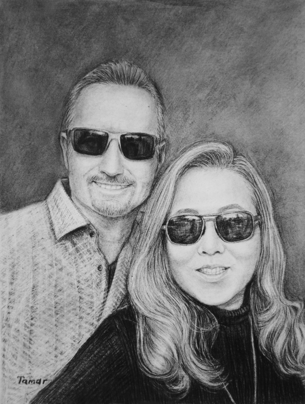 Beautiful charcoal painting of a happy couple