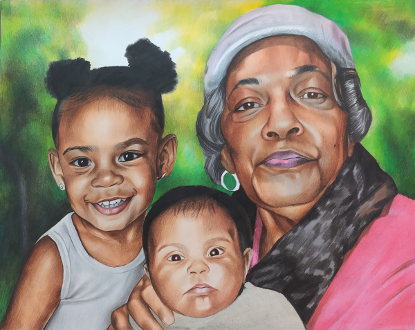 Beautiful color pencil painting of a grandmother and kids