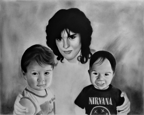 Beautiful charcoal painting of a mother and two sons