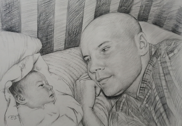 Gorgeous charcoal painting of a father and child
