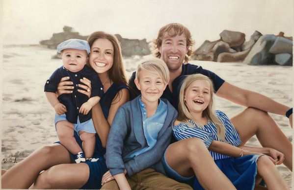 an oil painting of a family by the beach